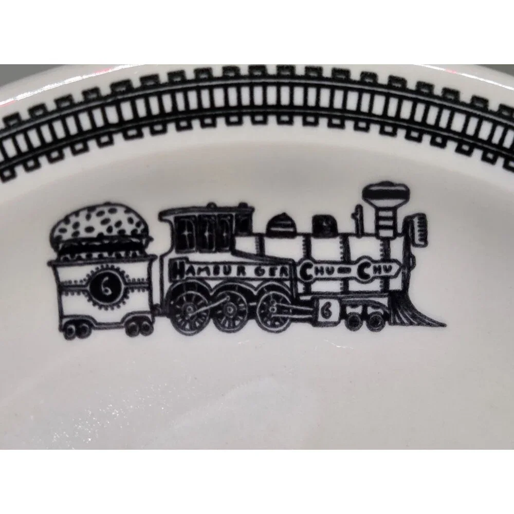 Homer Laughlin Fishs Eddy Hamburger Chu Chu Train Pattern Plate & Bowl Rare Set
